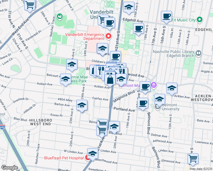map of restaurants, bars, coffee shops, grocery stores, and more near 2113 Belcourt Avenue in Nashville
