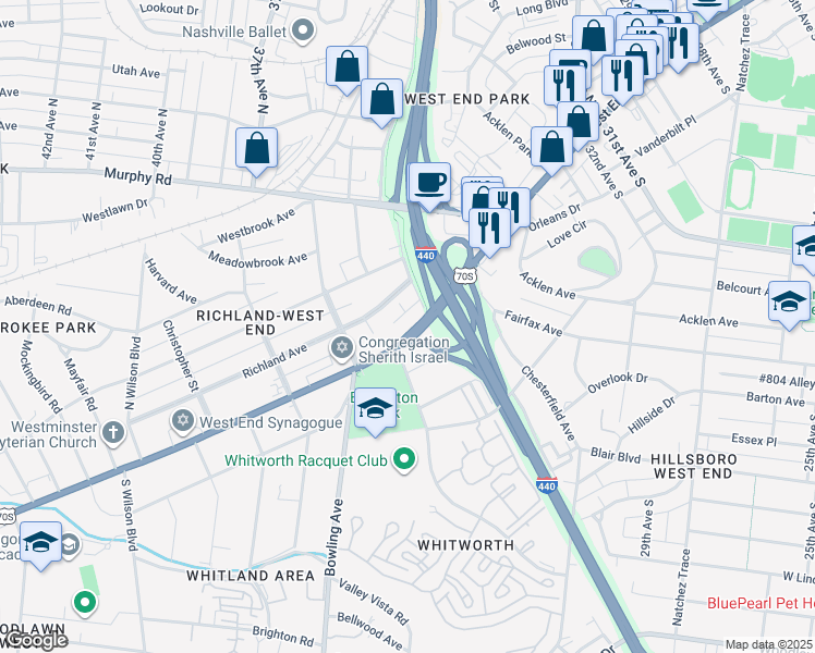 map of restaurants, bars, coffee shops, grocery stores, and more near 152 West End Place in Nashville