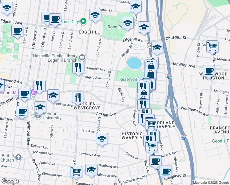 map of restaurants, bars, coffee shops, grocery stores, and more near 1803 Hillside Avenue in Nashville