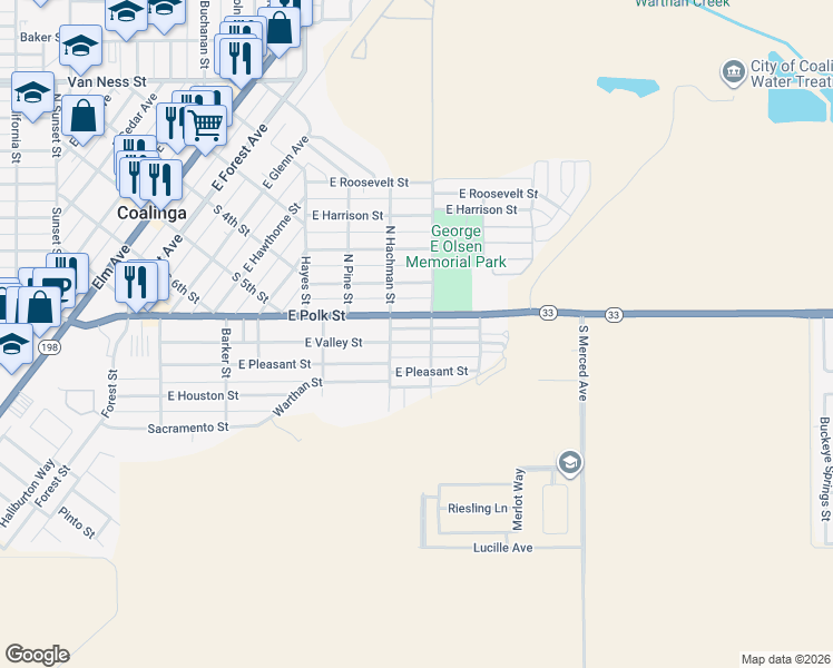 map of restaurants, bars, coffee shops, grocery stores, and more near 683 East Polk Street in Coalinga