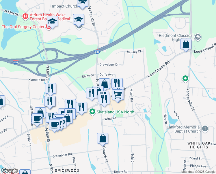 map of restaurants, bars, coffee shops, grocery stores, and more near 109 Millikin Street in Greensboro