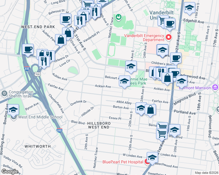 map of restaurants, bars, coffee shops, grocery stores, and more near 1808 Natchez Trace in Nashville