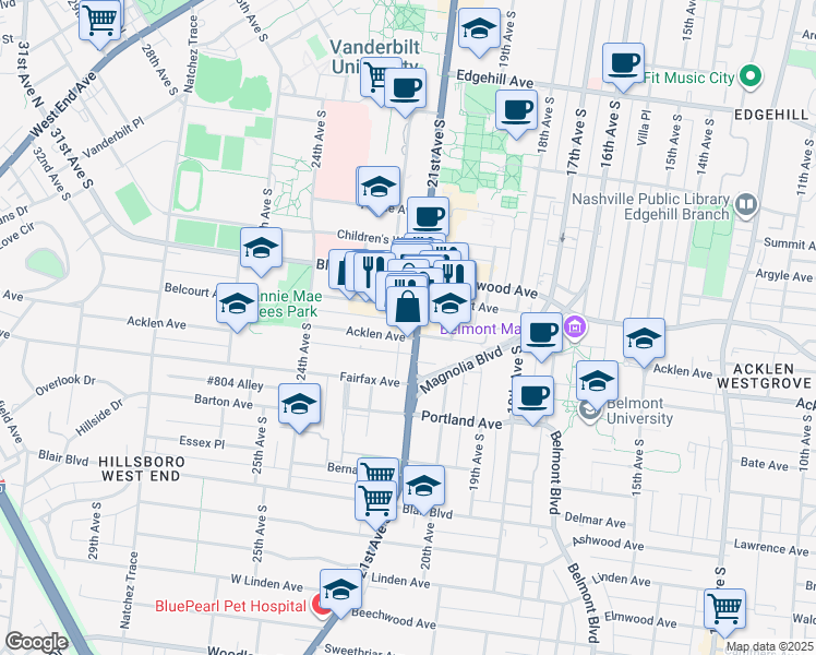 map of restaurants, bars, coffee shops, grocery stores, and more near 2113 Belcourt Avenue in Nashville