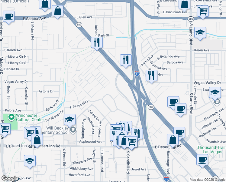 map of restaurants, bars, coffee shops, grocery stores, and more near 528 Greenbriar Townhouse Way in Las Vegas