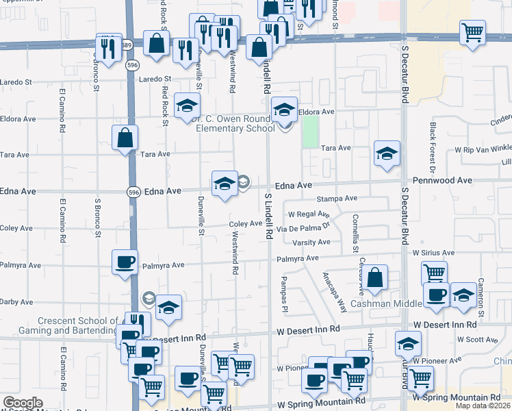 map of restaurants, bars, coffee shops, grocery stores, and more near 5630 Coley Avenue in Las Vegas