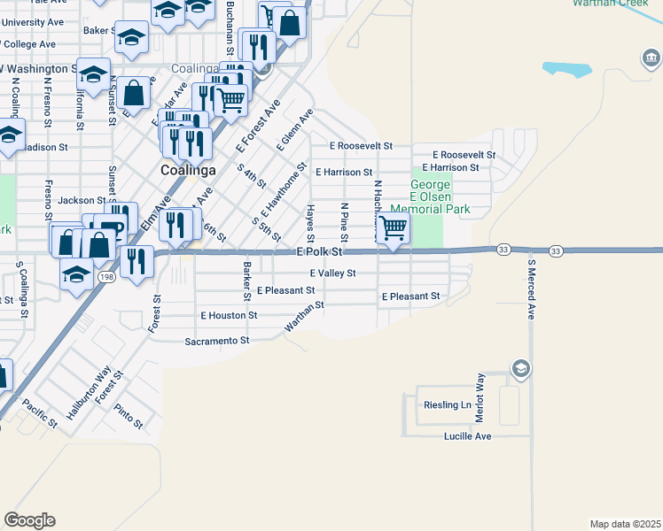map of restaurants, bars, coffee shops, grocery stores, and more near 498 East Polk Street in Coalinga