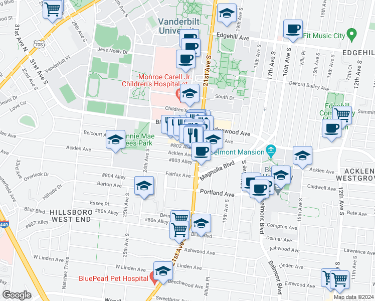 map of restaurants, bars, coffee shops, grocery stores, and more near 2113 Belcourt Avenue in Nashville