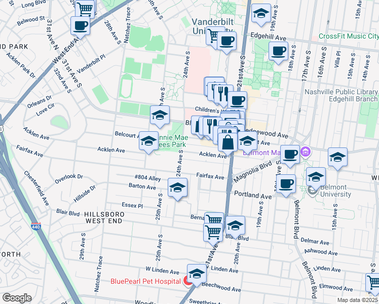 map of restaurants, bars, coffee shops, grocery stores, and more near 101 #802 Alley in Nashville
