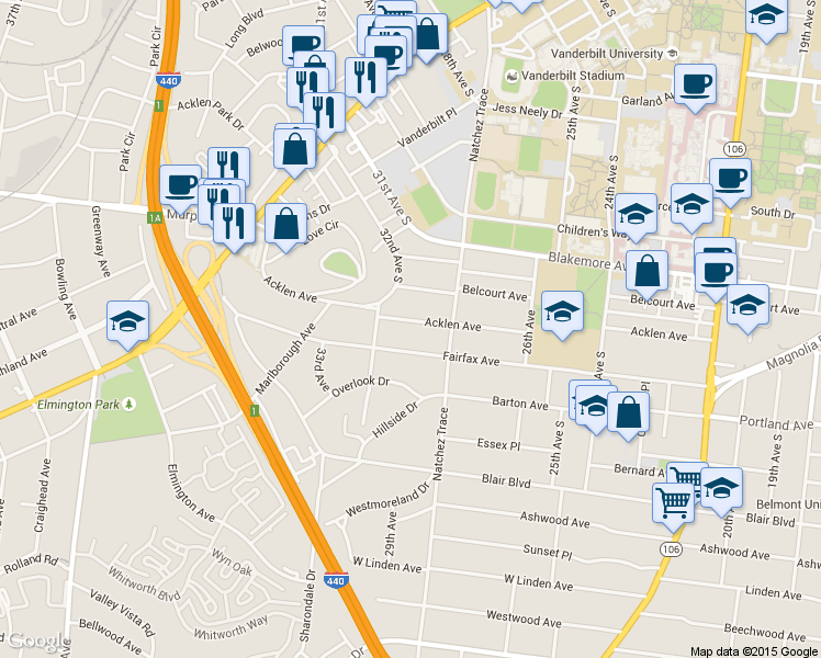 map of restaurants, bars, coffee shops, grocery stores, and more near 2810 Acklen Avenue in Nashville