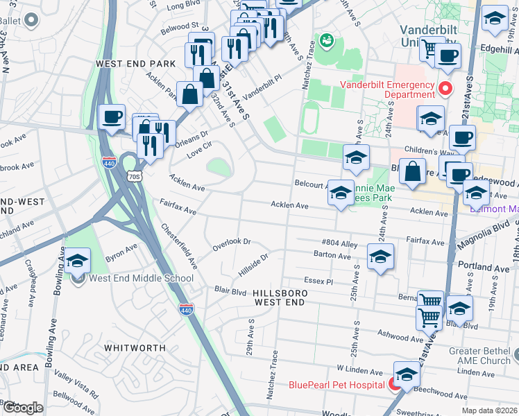 map of restaurants, bars, coffee shops, grocery stores, and more near 2810 Acklen Avenue in Nashville