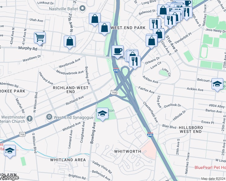 map of restaurants, bars, coffee shops, grocery stores, and more near 152 West End Place in Nashville
