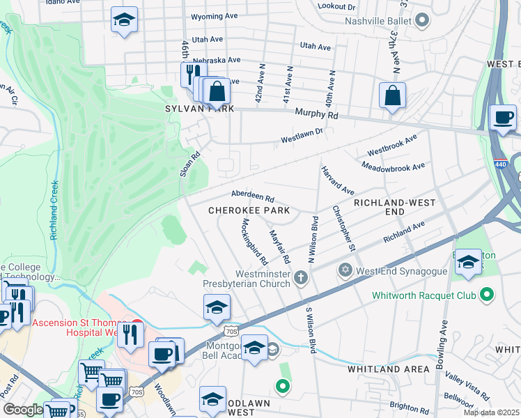 map of restaurants, bars, coffee shops, grocery stores, and more near 4018 Aberdeen Road in Nashville