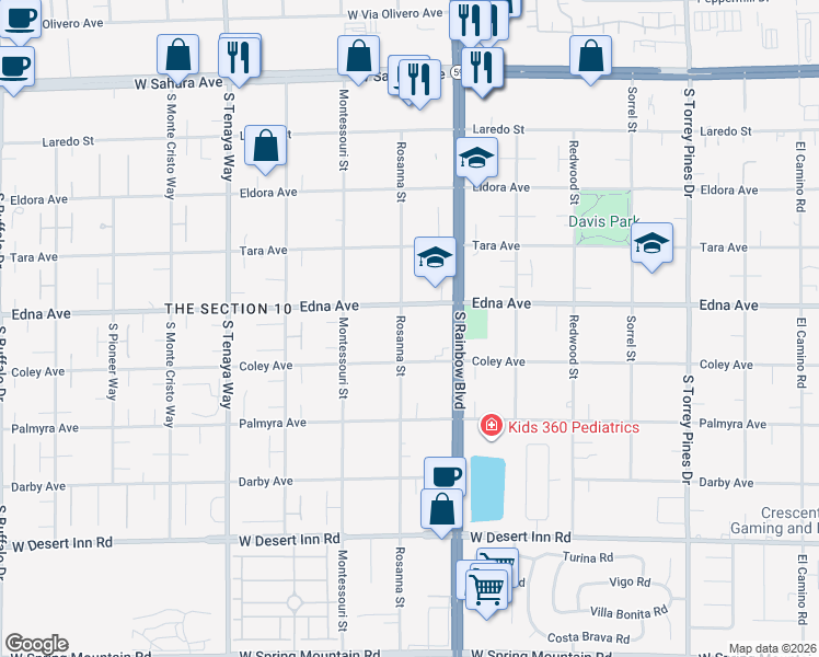 map of restaurants, bars, coffee shops, grocery stores, and more near 6985 Edna Avenue in Las Vegas