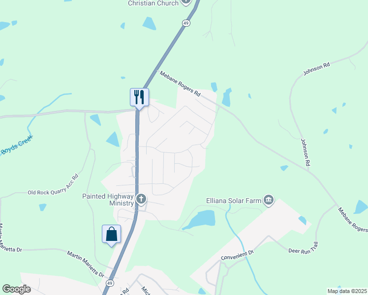 map of restaurants, bars, coffee shops, grocery stores, and more near 1927 Highway 49 in Burlington