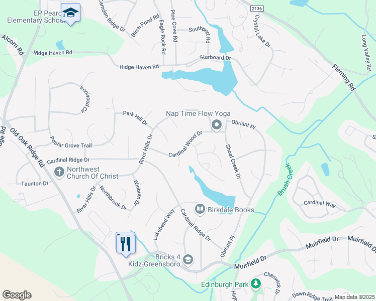 map of restaurants, bars, coffee shops, grocery stores, and more near 6321 Cardinal Wood Drive in Greensboro