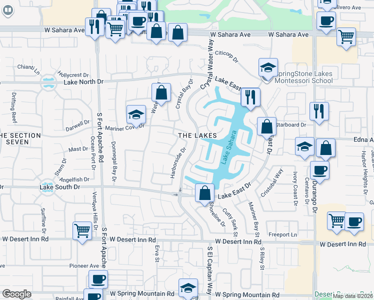 map of restaurants, bars, coffee shops, grocery stores, and more near 3016 Harborside Drive in Las Vegas
