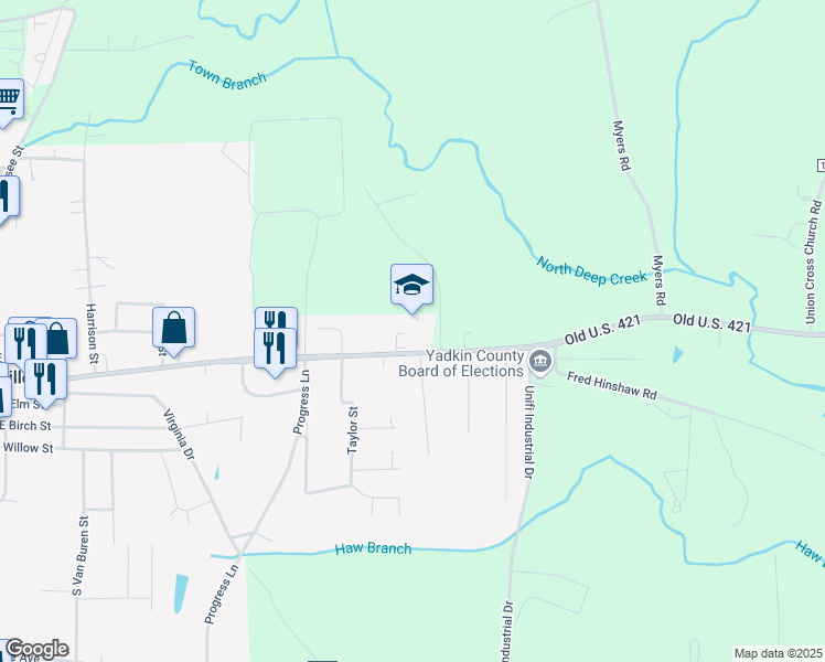 map of restaurants, bars, coffee shops, grocery stores, and more near 733 East Main Street in Yadkinville