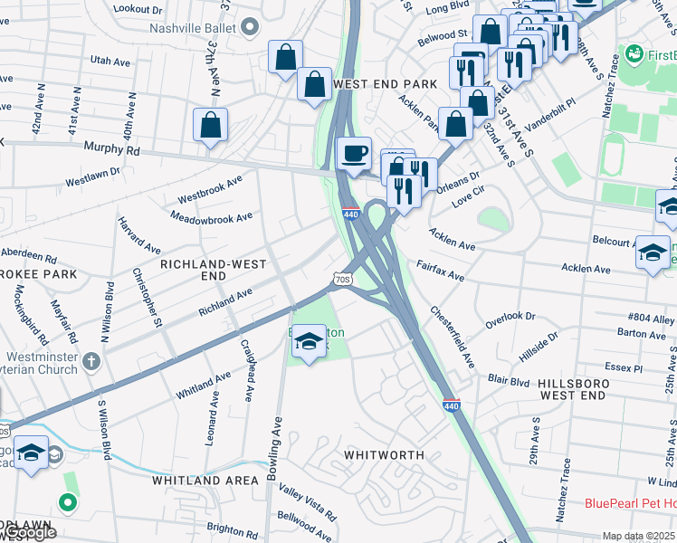 map of restaurants, bars, coffee shops, grocery stores, and more near 123 West End Place in Nashville