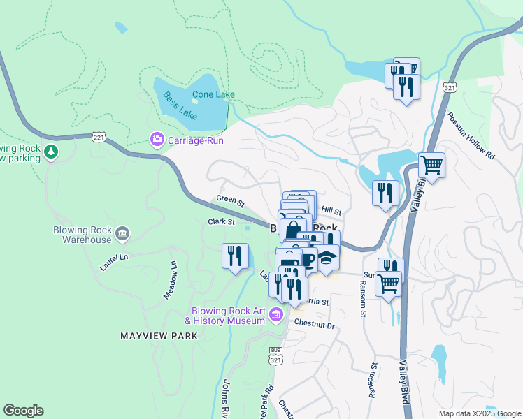 map of restaurants, bars, coffee shops, grocery stores, and more near 114 Green Street in Blowing Rock