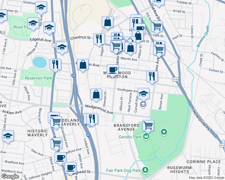 map of restaurants, bars, coffee shops, grocery stores, and more near in Nashville