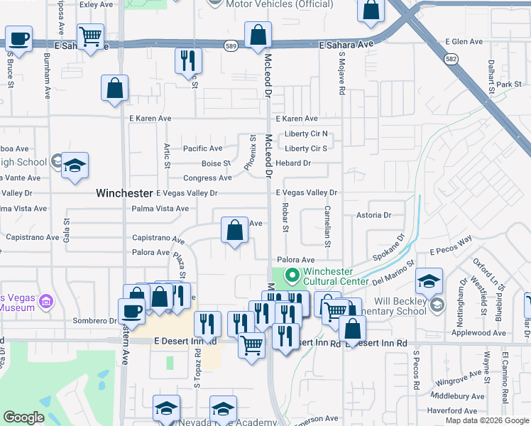 map of restaurants, bars, coffee shops, grocery stores, and more near 2978 Palma Vista Avenue in Las Vegas