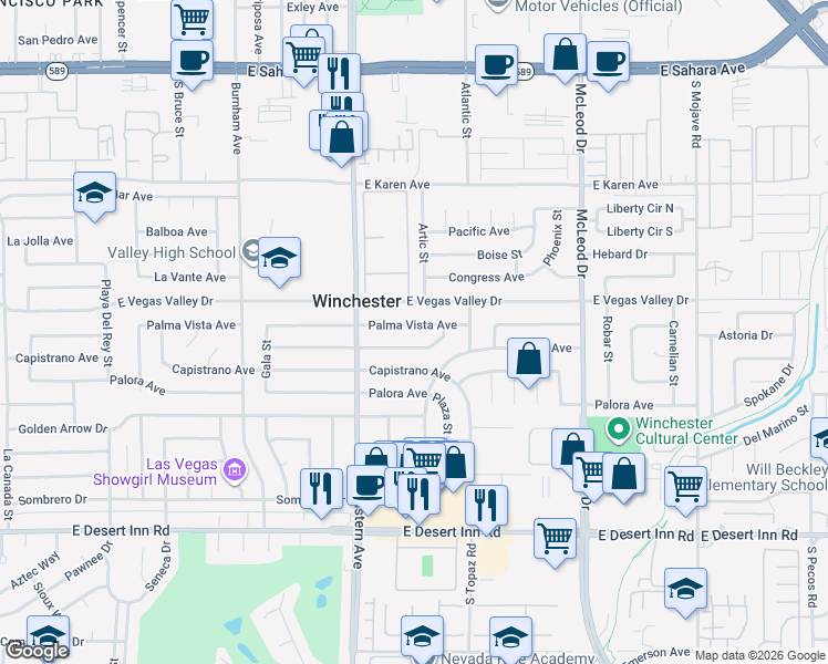 map of restaurants, bars, coffee shops, grocery stores, and more near 2522 Palma Vista Avenue in Las Vegas