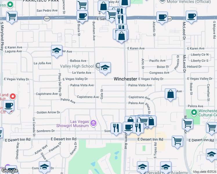 map of restaurants, bars, coffee shops, grocery stores, and more near 2268 Palma Vista Avenue in Las Vegas