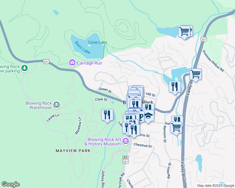 map of restaurants, bars, coffee shops, grocery stores, and more near 114 Green Street in Blowing Rock