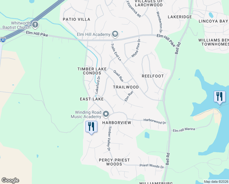 map of restaurants, bars, coffee shops, grocery stores, and more near 3233 East Lake Drive in Nashville
