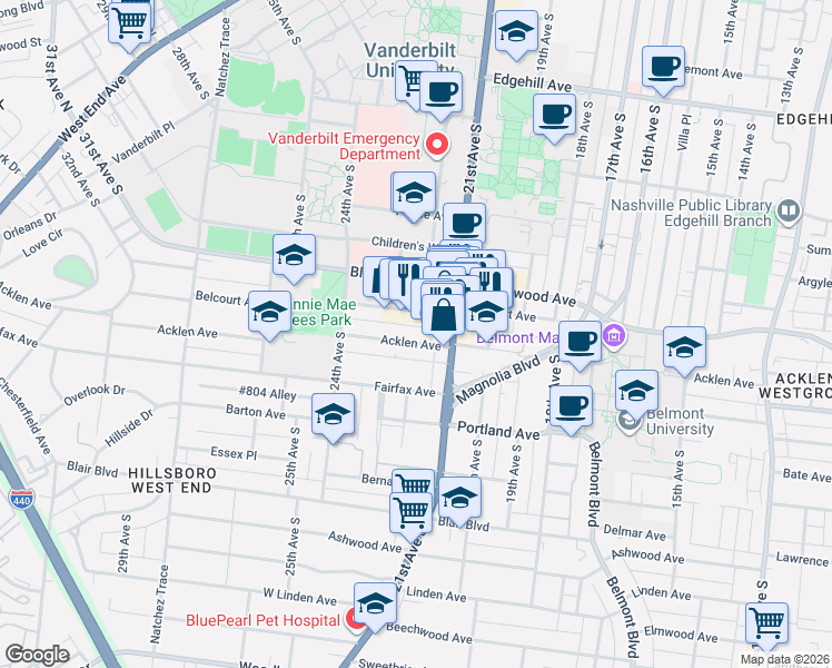 map of restaurants, bars, coffee shops, grocery stores, and more near 2114 Acklen Avenue in Nashville