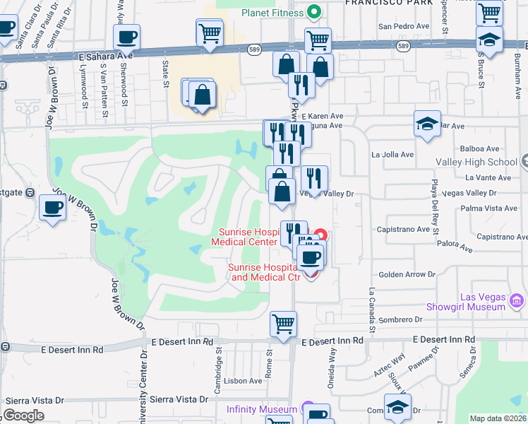 map of restaurants, bars, coffee shops, grocery stores, and more near 1125 Vegas Valley Drive in Las Vegas