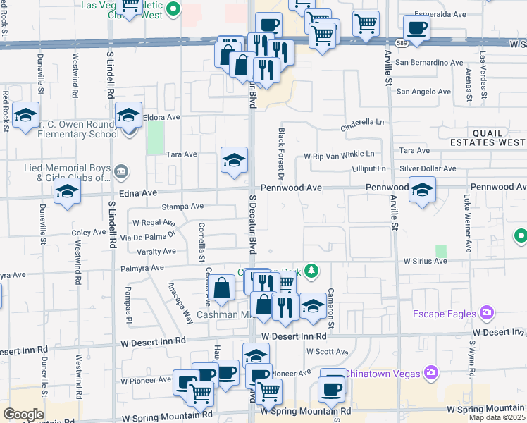 map of restaurants, bars, coffee shops, grocery stores, and more near 2950 South Decatur Boulevard in Las Vegas