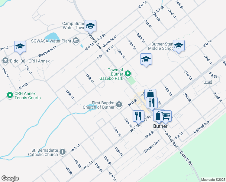 map of restaurants, bars, coffee shops, grocery stores, and more near 201-229 West E Street in Butner