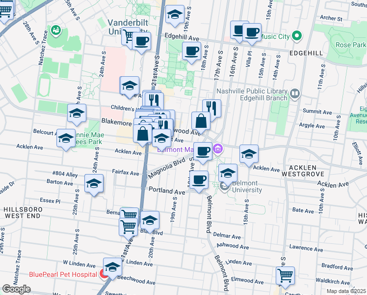 map of restaurants, bars, coffee shops, grocery stores, and more near 1711 18th Avenue South in Nashville