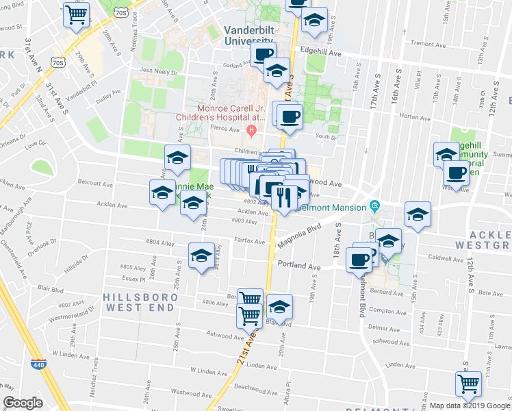 map of restaurants, bars, coffee shops, grocery stores, and more near 2113 Belcourt Avenue in Nashville