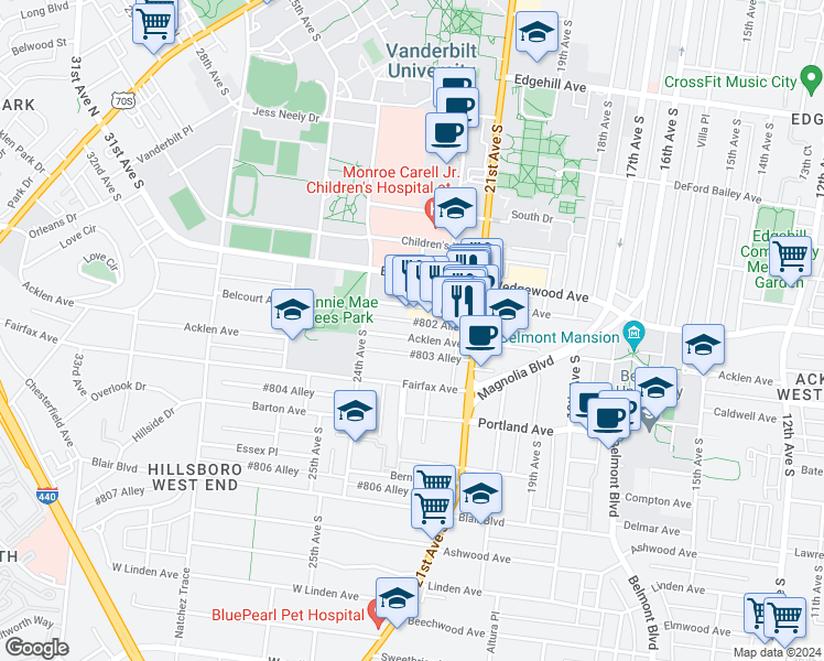 map of restaurants, bars, coffee shops, grocery stores, and more near 2129 Belcourt Avenue in Nashville