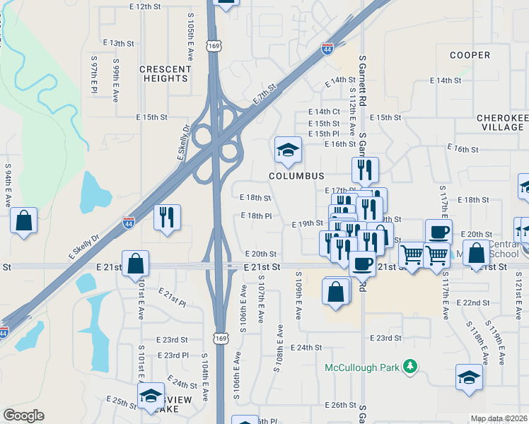 map of restaurants, bars, coffee shops, grocery stores, and more near 10642 East 18th Street in Tulsa
