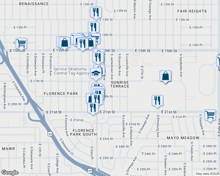 map of restaurants, bars, coffee shops, grocery stores, and more near 1708 South Jamestown Avenue in Tulsa