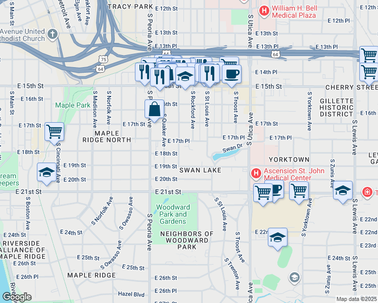map of restaurants, bars, coffee shops, grocery stores, and more near 1743 South Quincy Avenue in Tulsa