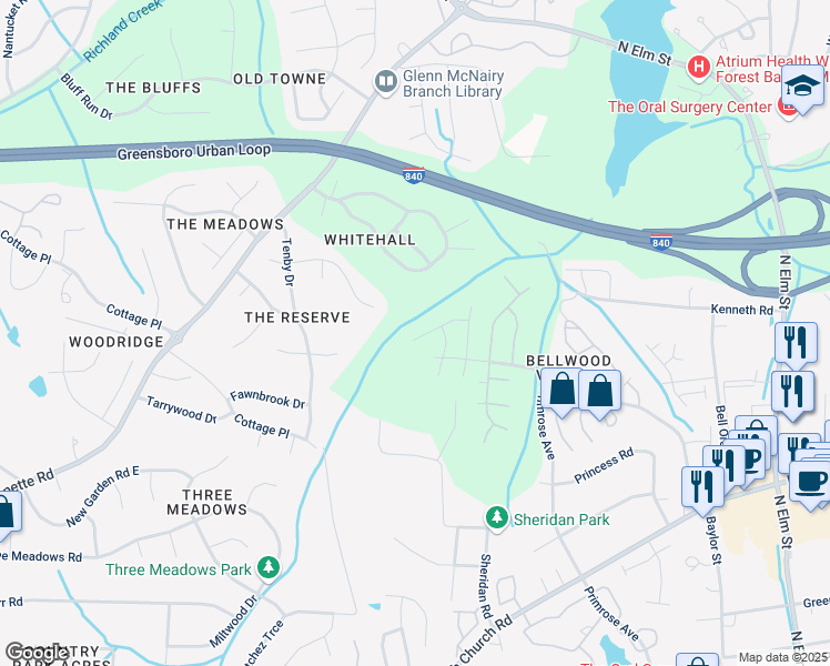 map of restaurants, bars, coffee shops, grocery stores, and more near 4620 Kinnakeet Way in Greensboro