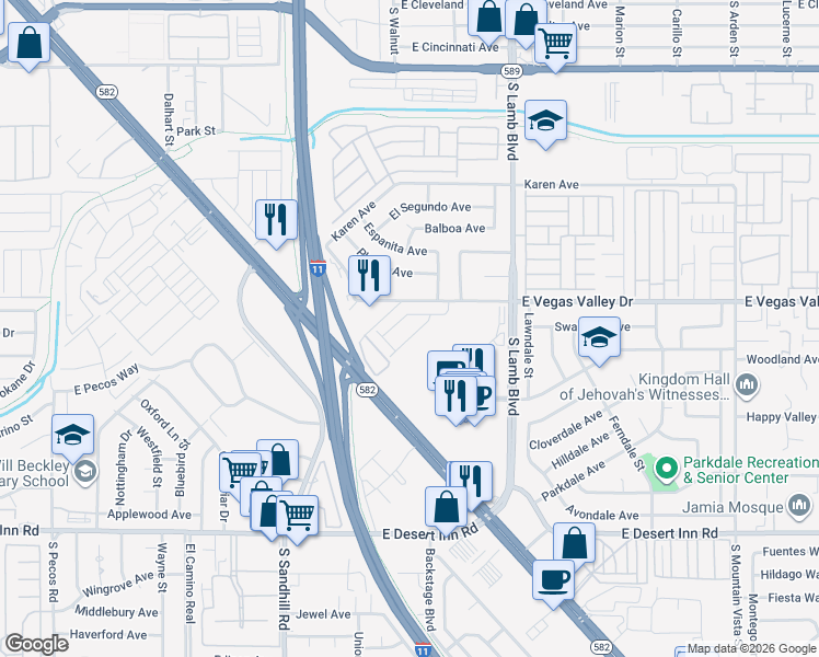 map of restaurants, bars, coffee shops, grocery stores, and more near 2950 South Sandhill Road in Las Vegas