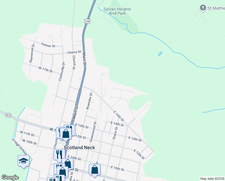 map of restaurants, bars, coffee shops, grocery stores, and more near 305 East 18th Street in Scotland Neck