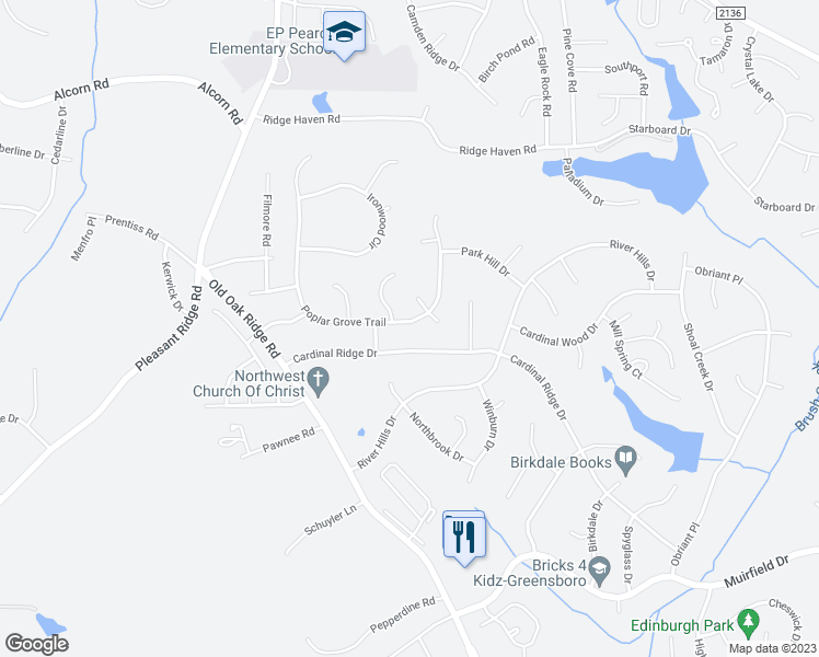 map of restaurants, bars, coffee shops, grocery stores, and more near 6805 Poplar Grove Trail in Greensboro