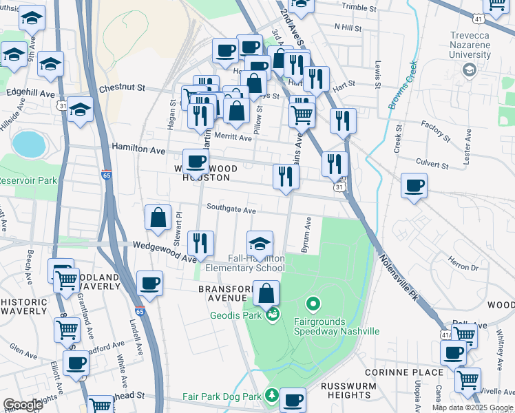 map of restaurants, bars, coffee shops, grocery stores, and more near 512 Southgate Avenue in Nashville