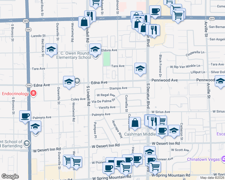 map of restaurants, bars, coffee shops, grocery stores, and more near 5282 Stampa Avenue in Las Vegas