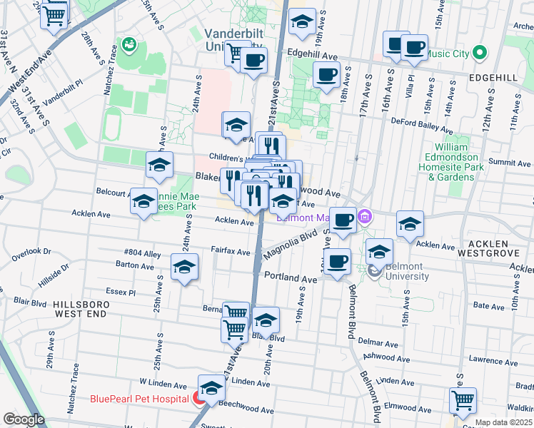 map of restaurants, bars, coffee shops, grocery stores, and more near 1802 Tennessee 106 in Nashville