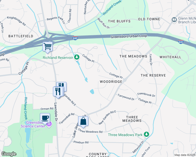 map of restaurants, bars, coffee shops, grocery stores, and more near 4111 Ridgedale Drive in Greensboro