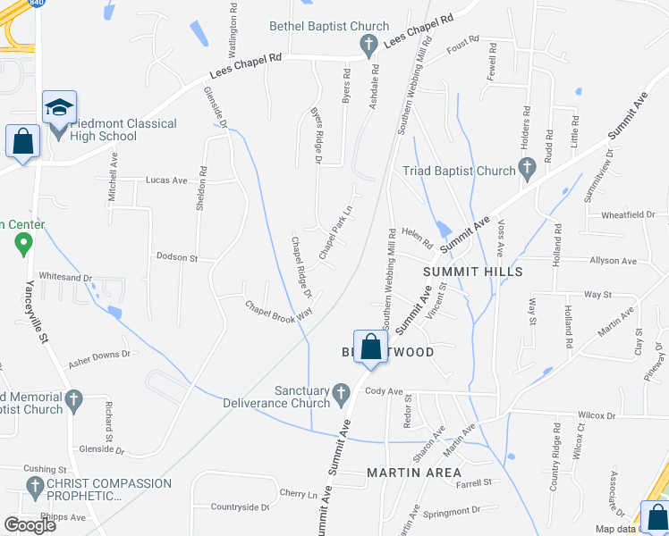 map of restaurants, bars, coffee shops, grocery stores, and more near 6 Grace Chapel Court in Greensboro