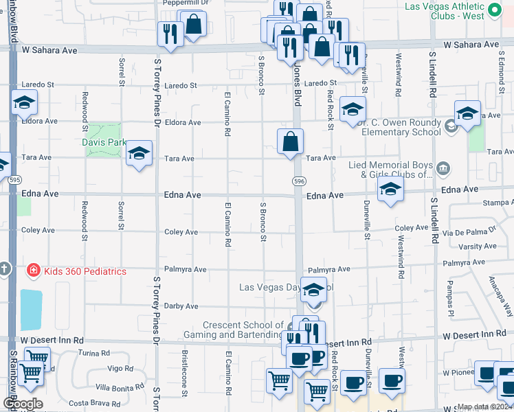 map of restaurants, bars, coffee shops, grocery stores, and more near 2925 South Bronco Street in Las Vegas