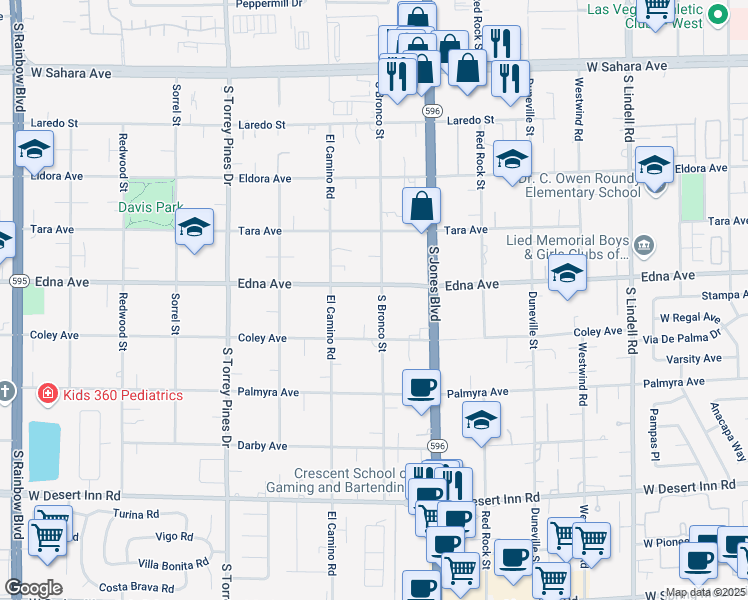 map of restaurants, bars, coffee shops, grocery stores, and more near 2925 South Bronco Street in Las Vegas
